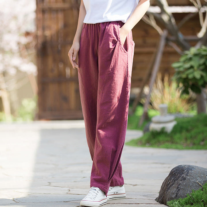 Pantalones de yoga de lino y algodón con bolsillos y diseño informal de Buddha Stones - Violeta pálido rojo - US4，UK/AU8，EU36 (L) - image 14