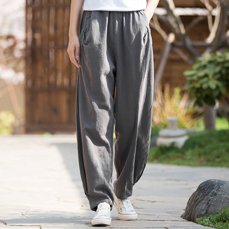 Pantalones de yoga de lino y algodón con bolsillos y diseño informal de Buddha Stones - Gris claro - US4，UK/AU8，EU36 (L) - image 25