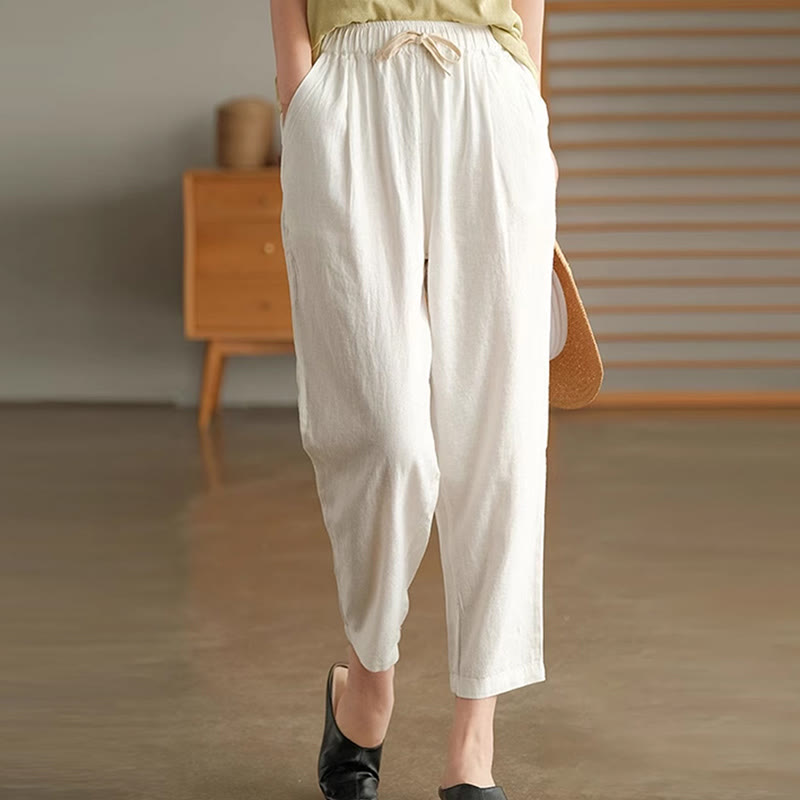 Pantalones harén informales de algodón con bolsillos y cordón para mujer de Buddha Stones - Blanco - US14, UK/AU18, EU46 (4XL) - image 7