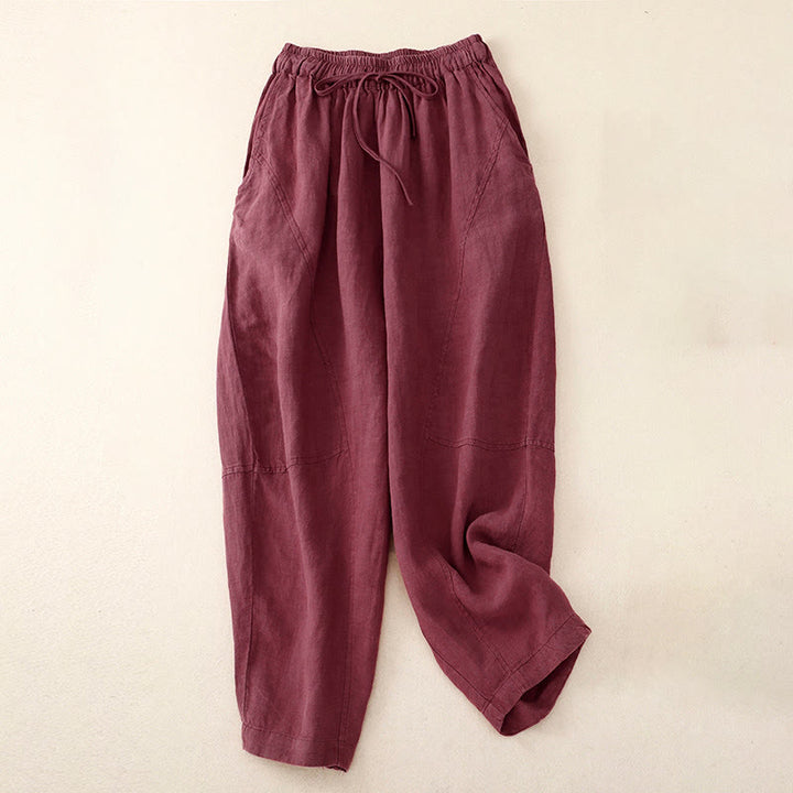Pantalones harén de lino con cintura elástica y cordón ajustable para mujer de Buddha Stones con bolsillos - Rojo violeta pálido - US8-10，UK/AU12-14，EU40-42 (2XL) - image 0