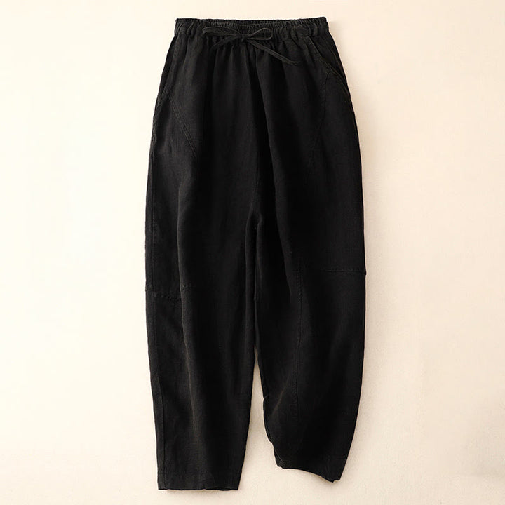 Pantalones harén de lino con cintura elástica y cordón ajustable para mujer de Buddha Stones con bolsillos - Negro - US8-10，UK/AU12-14，EU40-42 (2XL) - image 8
