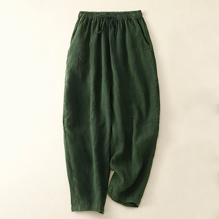 Pantalones harén de lino con cintura elástica y cordón ajustable para mujer de Buddha Stones con bolsillos - Verde mar oscuro - US8-10，UK/AU12-14，EU40-42 (2XL) - image 13