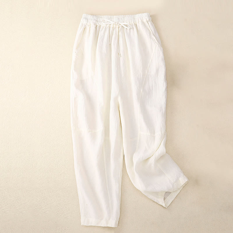 Pantalones harén de lino con cintura elástica y cordón ajustable para mujer de Buddha Stones con bolsillos - Blanco - US8-10，UK/AU12-14，EU40-42 (2XL) - image 19