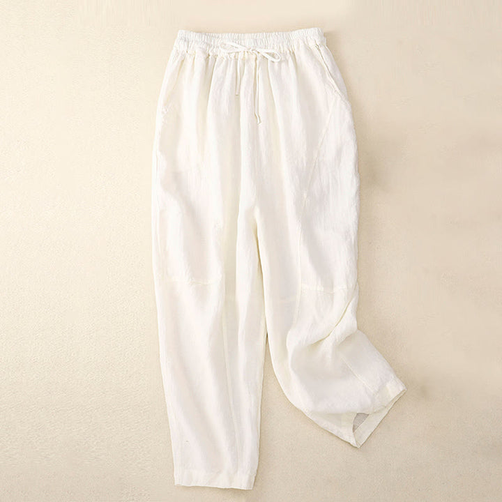 Pantalones harén de lino con cintura elástica y cordón ajustable para mujer de Buddha Stones con bolsillos - Blanco - US8-10，UK/AU12-14，EU40-42 (2XL) - image 19