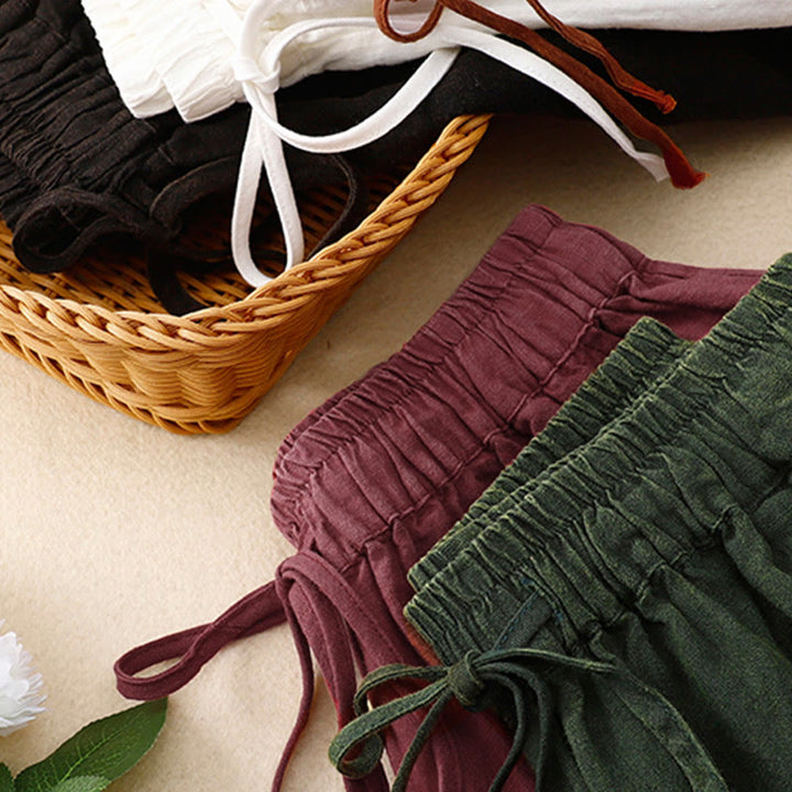 Pantalones harén de lino con cintura elástica y cordón ajustable para mujer de Buddha Stones con bolsillos - image 18