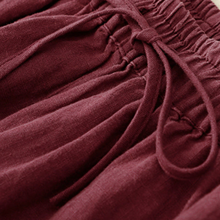 Pantalones harén de lino con cintura elástica y cordón ajustable para mujer de Buddha Stones con bolsillos - image 3