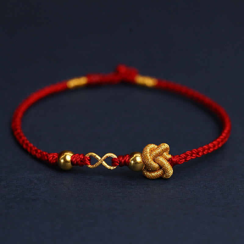 Pulsera de cuerda ultrafina hecha a mano con protección de monedas de cobre con el personaje Fu de Mobius Infinite Love de oro 999 y Buddha Stones