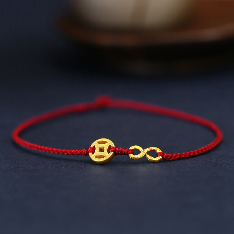 Pulsera de cuerda ultrafina hecha a mano con protección de monedas de cobre con el personaje Fu de Mobius Infinite Love de oro 999 y Buddha Stones