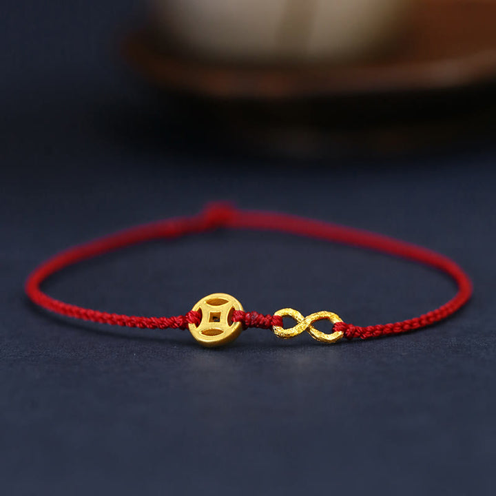 Pulsera de cuerda ultrafina hecha a mano con protección de monedas de cobre con el personaje Fu de Mobius Infinite Love de oro 999 y Buddha Stones