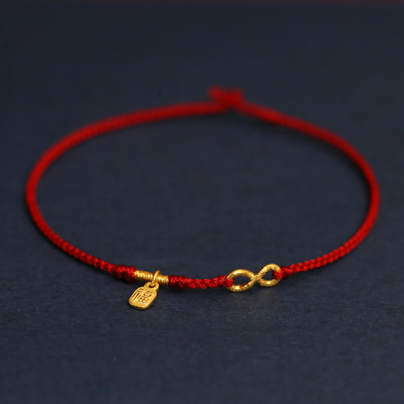 Pulsera de cuerda ultrafina hecha a mano con protección de monedas de cobre con el personaje Fu de Mobius Infinite Love de oro 999 y Buddha Stones