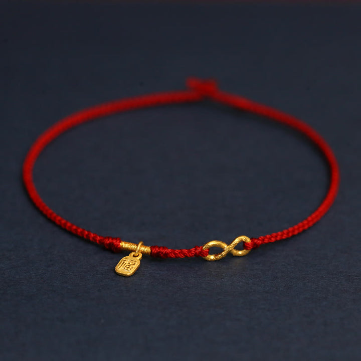 Pulsera de cuerda ultrafina hecha a mano con protección de monedas de cobre con el personaje Fu de Mobius Infinite Love de oro 999 y Buddha Stones