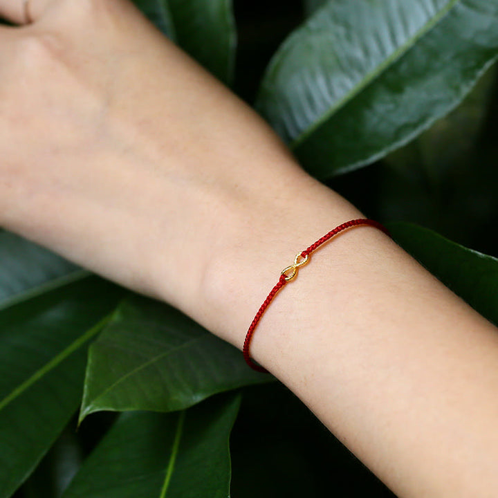 Pulsera de cuerda ultrafina hecha a mano con protección de monedas de cobre con el personaje Fu de Mobius Infinite Love de oro 999 y Buddha Stones