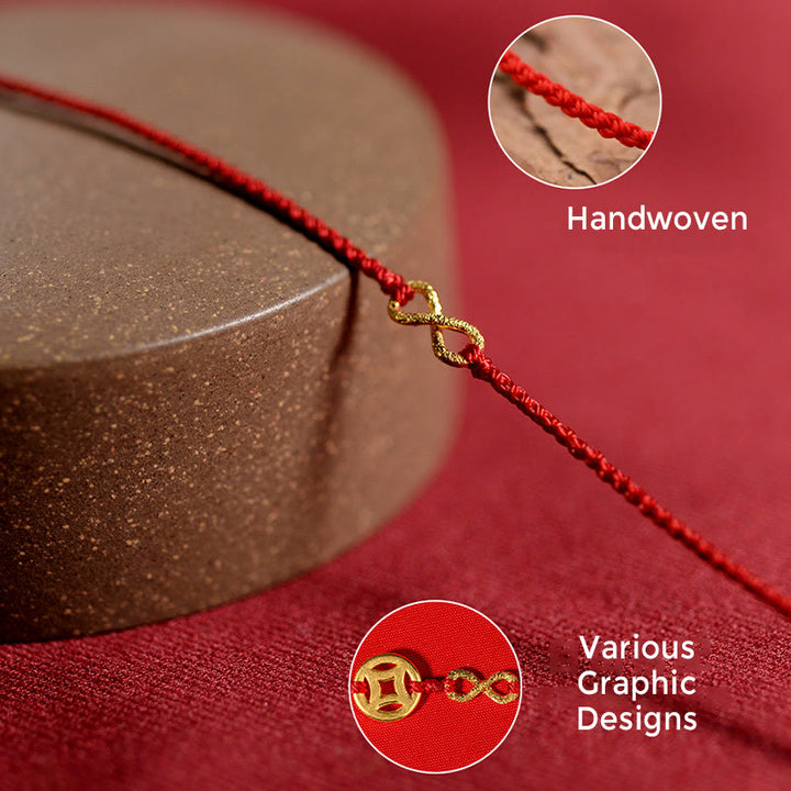 Pulsera de cuerda ultrafina hecha a mano con protección de monedas de cobre con el personaje Fu de Mobius Infinite Love de oro 999 y Buddha Stones