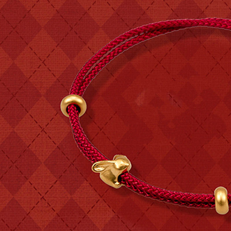 Pulsera trenzada de la suerte hecha a mano con diseño de osmanthus y conejo de la suerte en oro 999 con Buddha Stones