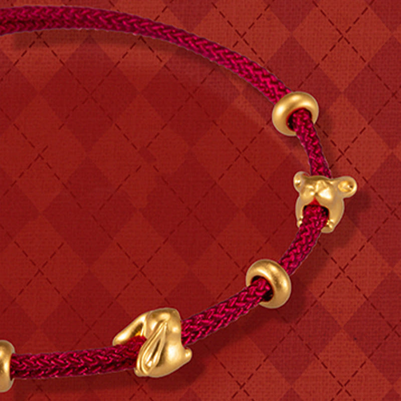 Pulsera trenzada de la suerte hecha a mano con diseño de osmanthus y conejo de la suerte en oro 999 con Buddha Stones