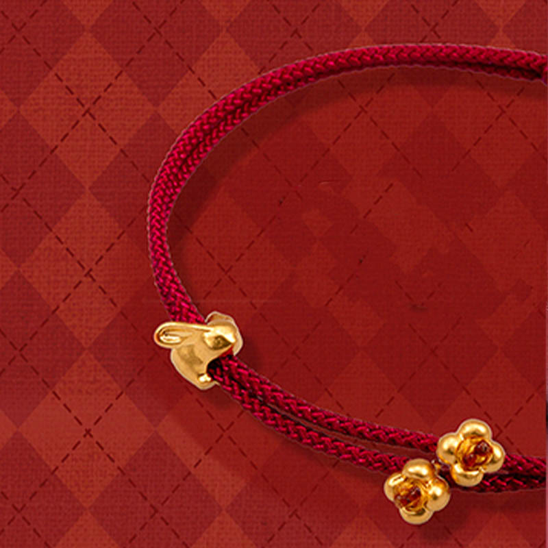 Pulsera trenzada de la suerte hecha a mano con diseño de osmanthus y conejo de la suerte en oro 999 con Buddha Stones