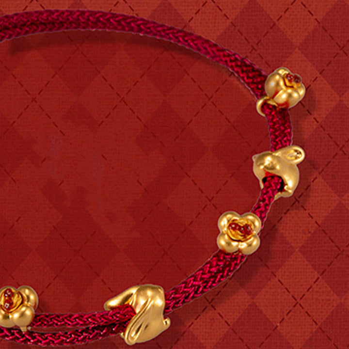Pulsera trenzada de la suerte hecha a mano con diseño de osmanthus y conejo de la suerte en oro 999 con Buddha Stones