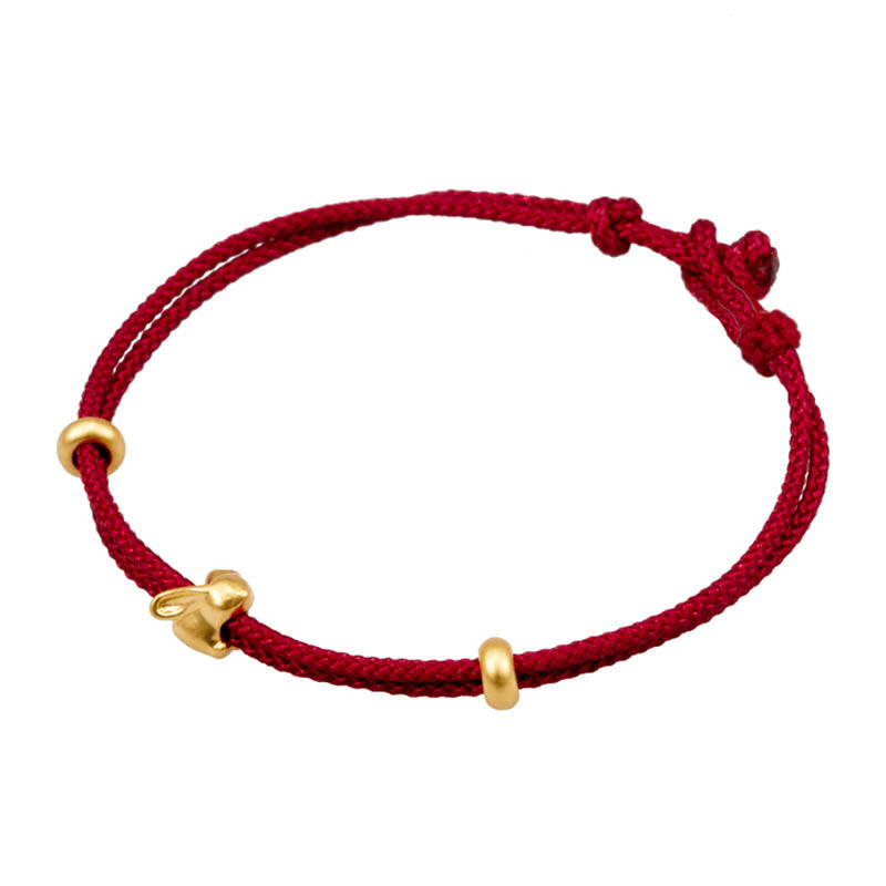 Pulsera trenzada de la suerte hecha a mano con diseño de osmanthus y conejo de la suerte en oro 999 con Buddha Stones