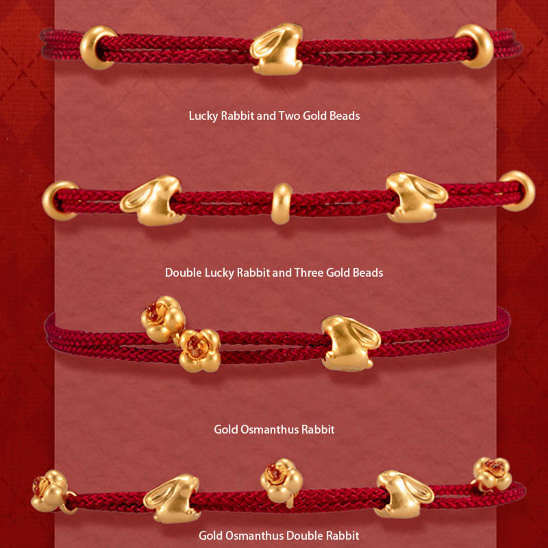 Pulsera trenzada de la suerte hecha a mano con diseño de osmanthus y conejo de la suerte en oro 999 con Buddha Stones