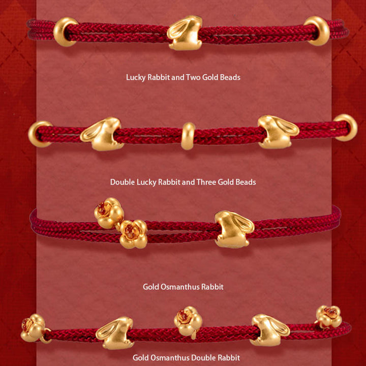 Pulsera trenzada de la suerte hecha a mano con diseño de osmanthus y conejo de la suerte en oro 999 con Buddha Stones