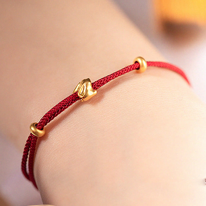 Pulsera trenzada de la suerte hecha a mano con diseño de osmanthus y conejo de la suerte en oro 999 con Buddha Stones