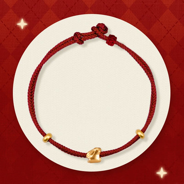 Pulsera trenzada de la suerte hecha a mano con diseño de osmanthus y conejo de la suerte en oro 999 con Buddha Stones