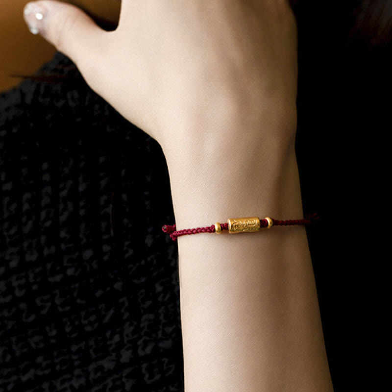 Pulsera de cuerda trenzada hecha a mano con diseño tallado y amuleto de buena suerte de oro 999 con Buddha Stones - Vino tinto (oro aproximadamente 0,68 g) - 21 centímetros - image 3