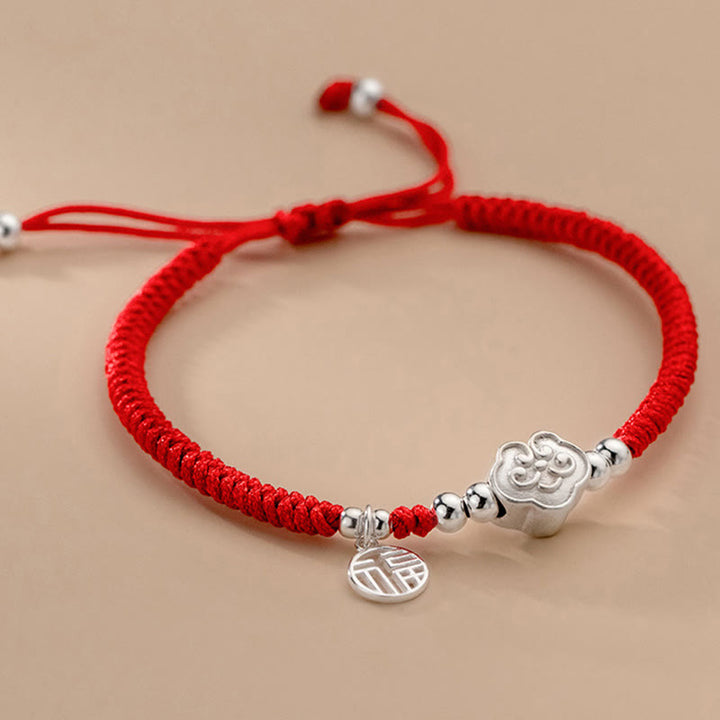 Pulsera trenzada con bendición de nubes auspiciosas y carácter Fu hecha a mano con Buddha Stones en plata de ley 925