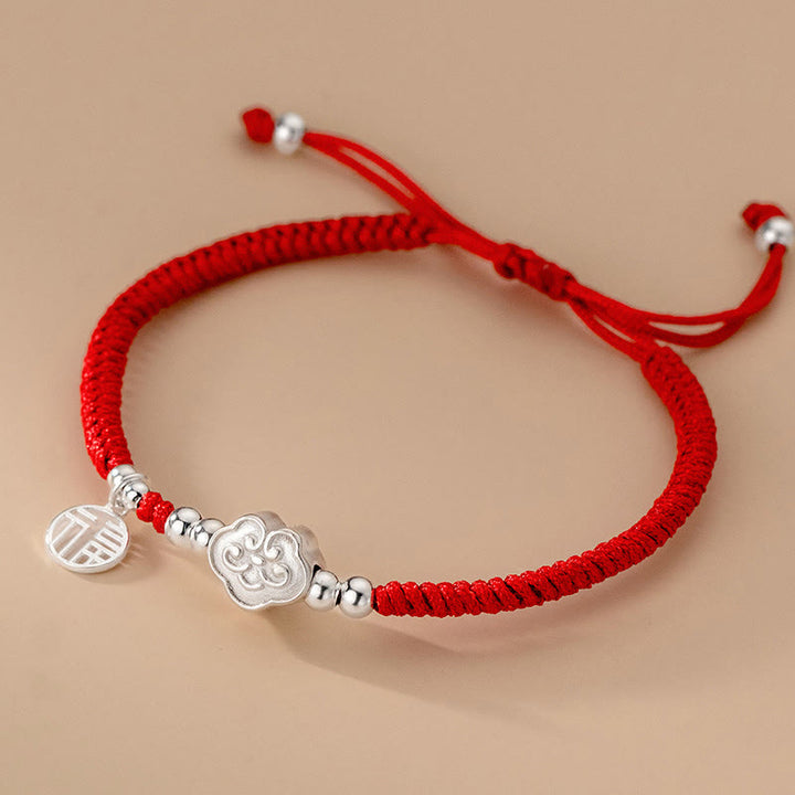 Pulsera trenzada con bendición de nubes auspiciosas y carácter Fu hecha a mano con Buddha Stones en plata de ley 925 - Cuerda roja con personaje Fu (circunferencia de muñeca: 14-22 cm) - image 0