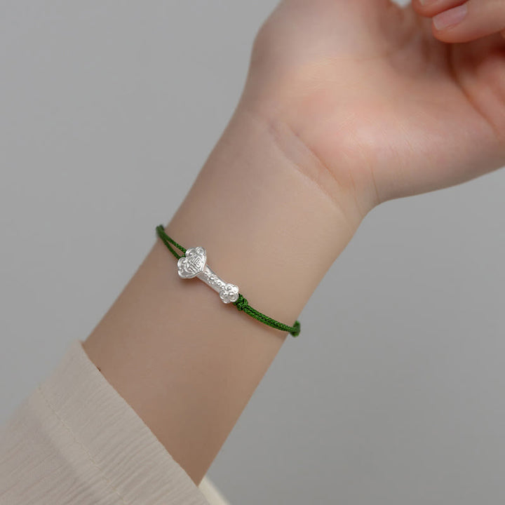 Pulsera trenzada de cuerda verde con mango de Ruyi y símbolo de la suerte hecha a mano con Buddha Stones en plata de ley 999