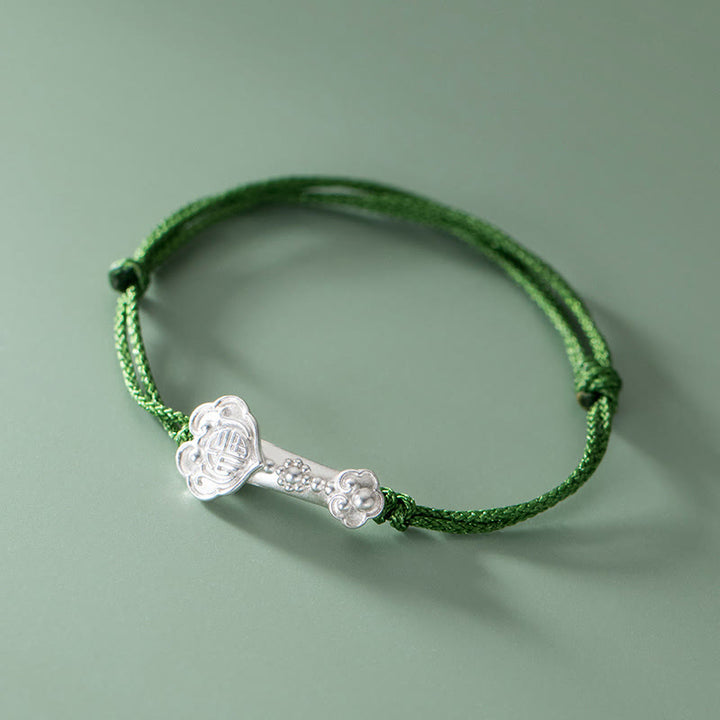 Pulsera trenzada de cuerda verde con mango de Ruyi y símbolo de la suerte hecha a mano con Buddha Stones en plata de ley 999