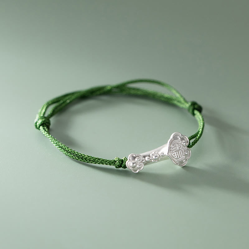 Pulsera trenzada de cuerda verde con mango de Ruyi y símbolo de la suerte hecha a mano con Buddha Stones en plata de ley 999