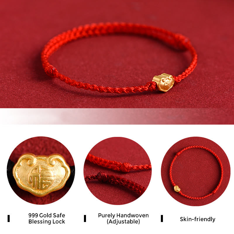Pulsera de cuerda hecha a mano con protección de caracteres Fu y dije de cerradura china de oro 999 con Buddha Stones - image 5