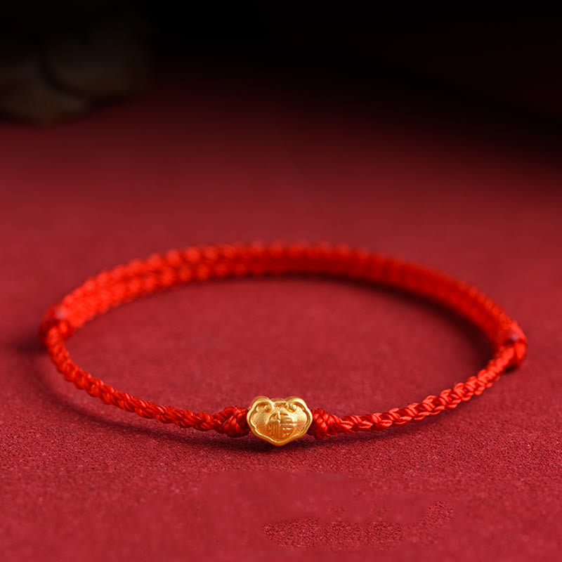 Pulsera de cuerda hecha a mano con protección de caracteres Fu y dije de cerradura china de oro 999 con Buddha Stones - Rojo - Versión para bebés, apta para niños de 0 a 4 años (circunferencia de la muñeca: 12-18 cm). - image 0