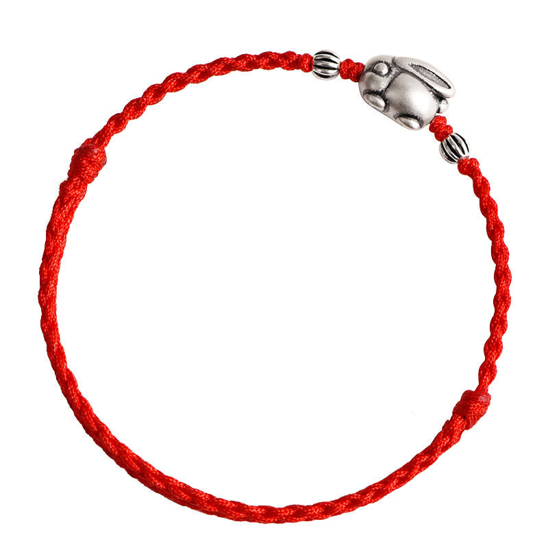 Pulsera tobillera con cuerda de la suerte de conejo de plata de ley 999 hecha a mano con Buddha Stones
