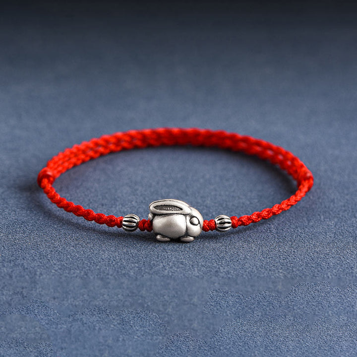 Pulsera tobillera con cuerda de la suerte de conejo de plata de ley 999 hecha a mano con Buddha Stones