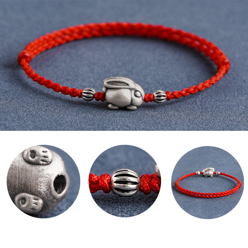 Pulsera tobillera con cuerda de la suerte de conejo de plata de ley 999 hecha a mano con Buddha Stones