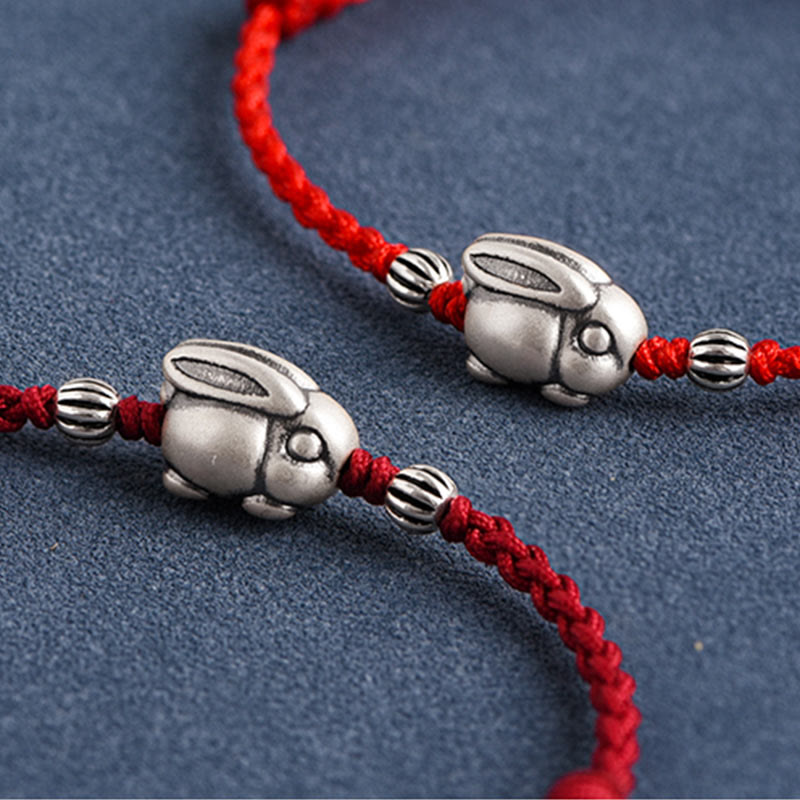 Pulsera tobillera con cuerda de la suerte de conejo de plata de ley 999 hecha a mano con Buddha Stones
