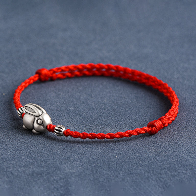 Pulsera tobillera con cuerda de la suerte de conejo de plata de ley 999 hecha a mano con Buddha Stones