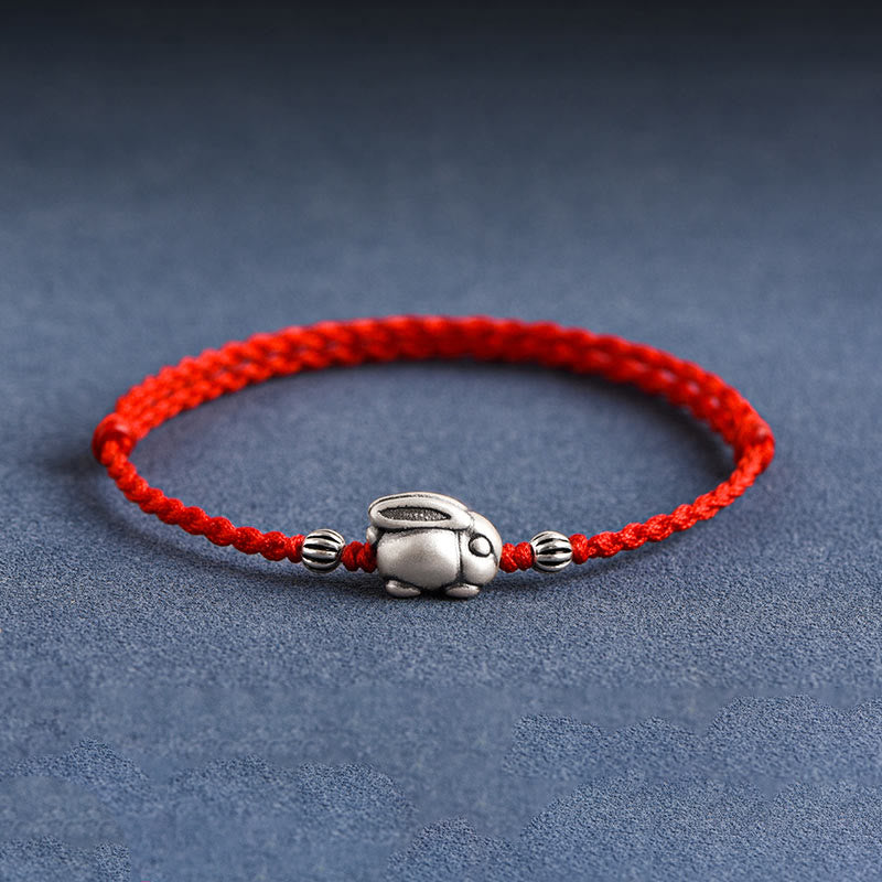 Pulsera tobillera con cuerda de la suerte de conejo de plata de ley 999 hecha a mano con Buddha Stones - Tobillera de conejo grande (circunferencia de 18 a 30 cm) - Rojo - image 0