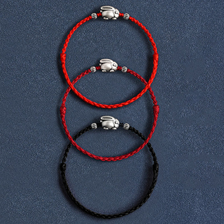 Pulsera tobillera con cuerda de la suerte de conejo de plata de ley 999 hecha a mano con Buddha Stones - image 27