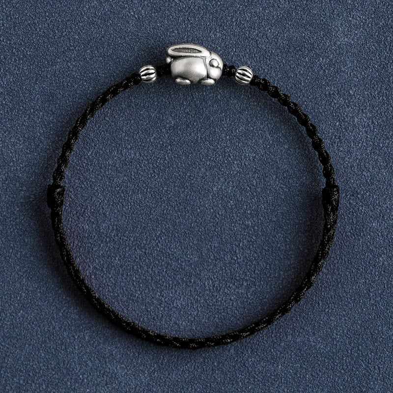 Pulsera tobillera con cuerda de la suerte de conejo de plata de ley 999 hecha a mano con Buddha Stones - Tobillera de conejo grande (circunferencia de 18 a 30 cm) - Negro - image 22