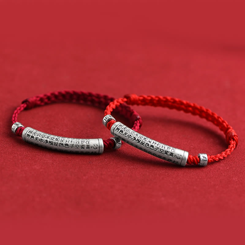 Pulsera tobillera con cuerda de la suerte tallada con Sutra del corazón Om Mani Padme Hum en plata de ley 999 hecha a mano con Buddha Stones