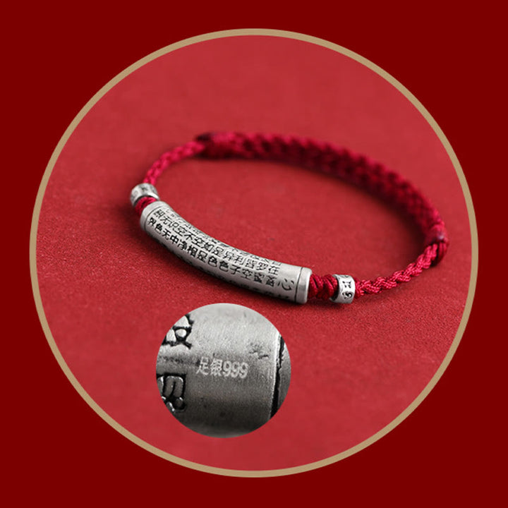 Pulsera tobillera con cuerda de la suerte tallada con Sutra del corazón Om Mani Padme Hum en plata de ley 999 hecha a mano con Buddha Stones