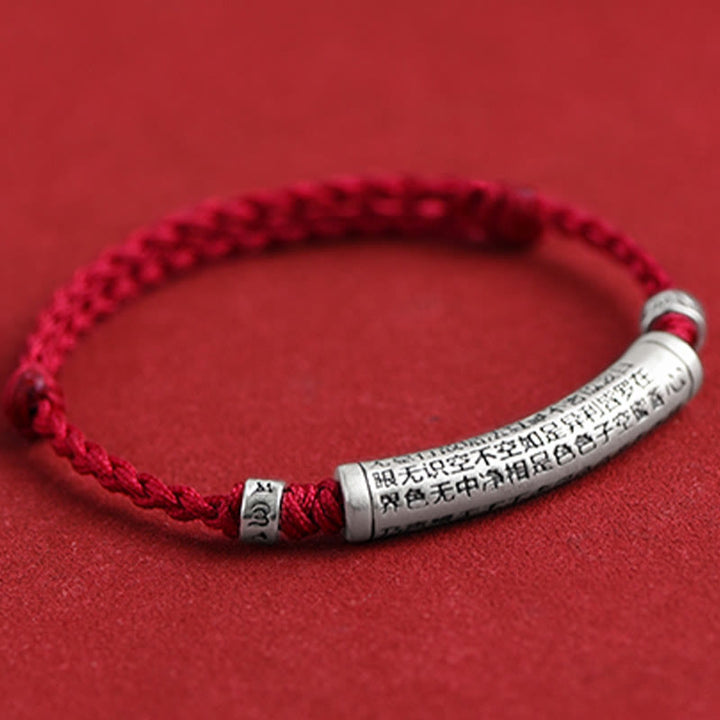 Pulsera tobillera con cuerda de la suerte tallada con Sutra del corazón Om Mani Padme Hum en plata de ley 999 hecha a mano con Buddha Stones