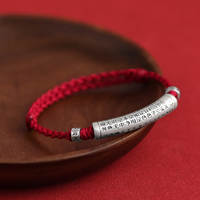 Pulsera tobillera con cuerda de la suerte tallada con Sutra del corazón Om Mani Padme Hum en plata de ley 999 hecha a mano con Buddha Stones
