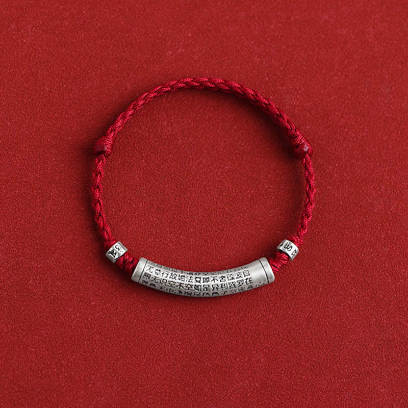 Pulsera tobillera con cuerda de la suerte tallada con Sutra del corazón Om Mani Padme Hum en plata de ley 999 hecha a mano con Buddha Stones