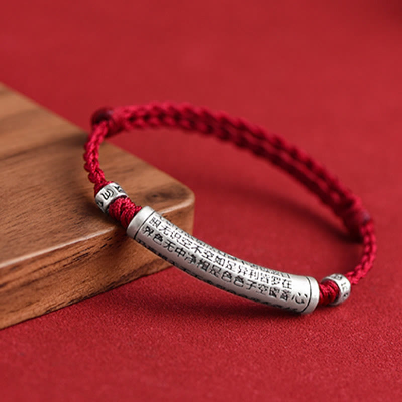 Pulsera tobillera con cuerda de la suerte tallada con Sutra del corazón Om Mani Padme Hum en plata de ley 999 hecha a mano con Buddha Stones