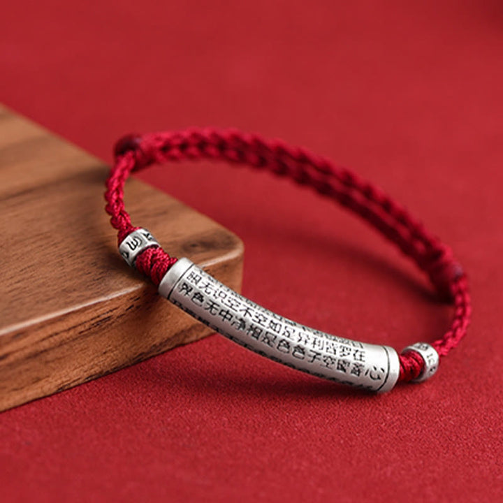 Pulsera tobillera con cuerda de la suerte tallada con Sutra del corazón Om Mani Padme Hum en plata de ley 999 hecha a mano con Buddha Stones