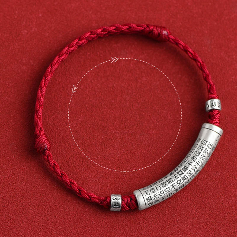 Pulsera tobillera con cuerda de la suerte tallada con Sutra del corazón Om Mani Padme Hum en plata de ley 999 hecha a mano con Buddha Stones